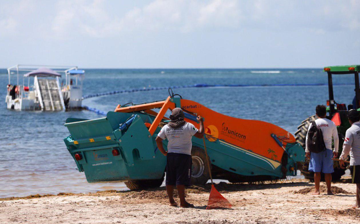 Instalan nueva línea de barreras antisargazo en las playas de Puerto Morelos