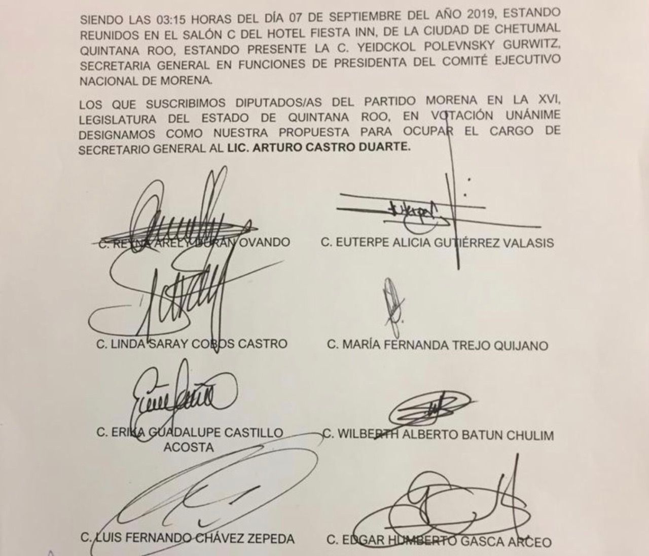 Acusan a Gasca de desconocer acuerdo firmado por diputados, y proponer otro Secretario general (Documento firmado)