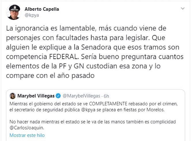 Capella y Marybel Villegas se cruzan en redes | Ella critica inseguridad en carreteras, y él la tacha de “ignorante”