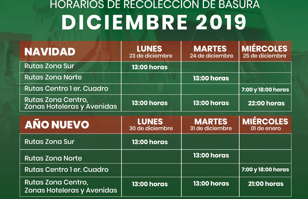 Anuncia PASA modificaciones en horarios de recolección de basura en Cozumel por motivo de las fiestas decembrinas