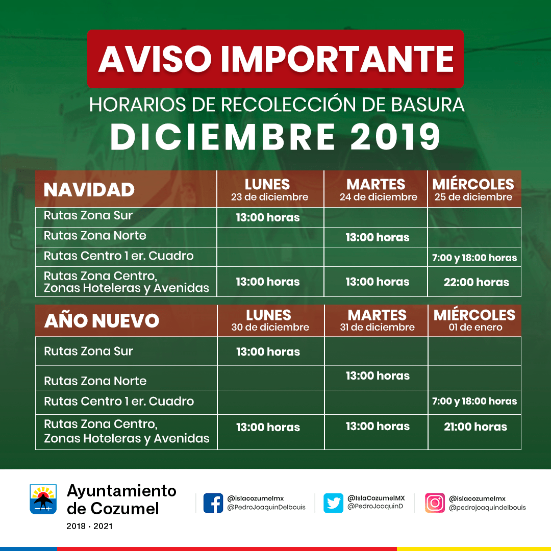 Anuncia PASA modificaciones en horarios de recolección de basura en Cozumel por motivo de las fiestas decembrinas
