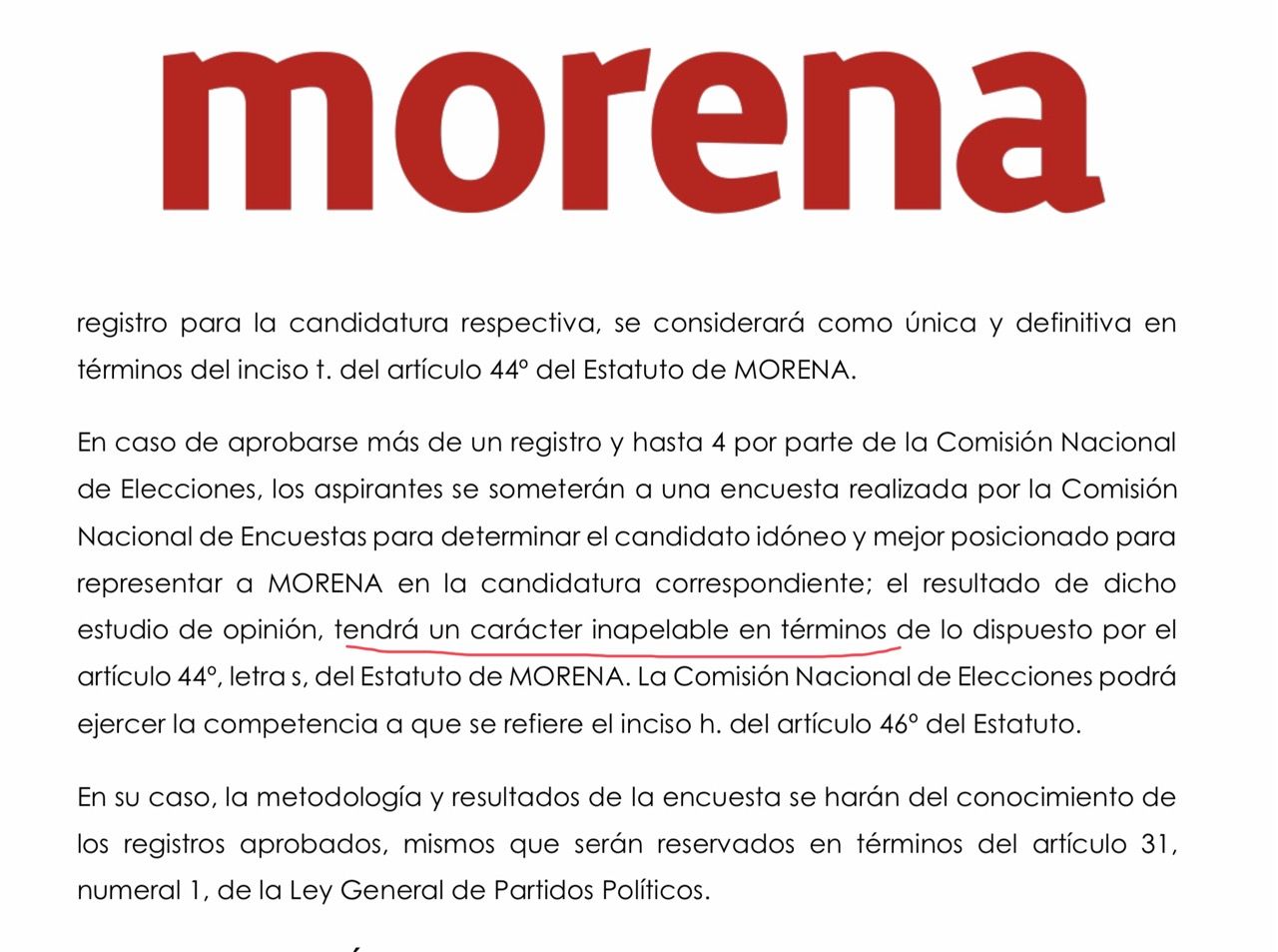 Encuesta de MORENA es “inapelable”, según estatutos y convocatoria (documentos)
