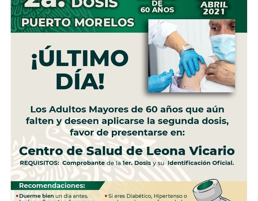 Anuncian aplicación de la segunda dosis de la vacuna contra Covid 19 a adultos mayores de Puerto Morelos