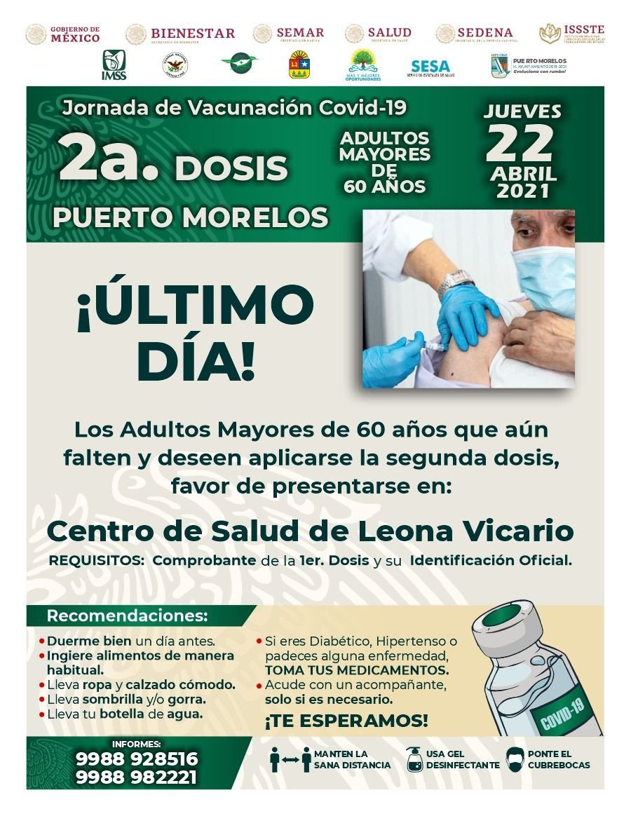 Anuncian aplicación de la segunda dosis de la vacuna contra Covid 19 a adultos mayores de Puerto Morelos